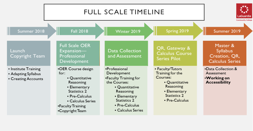 A table describing the project timeline during full scale implementation from summer of 2018 to summer of 2019.