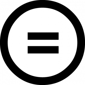 An equal sign within a white circle with a black border. This represents the No Derivatives CC license.