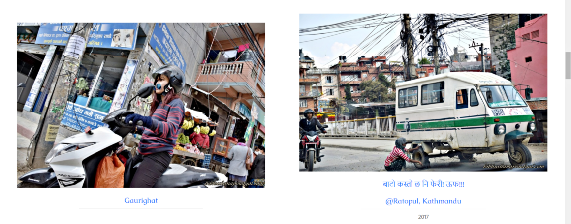 Figure 4: Two side-by-side images, one depicting a woman riding a motorcycle down the street and another depicting a person changing the tire of a mini-bus.
