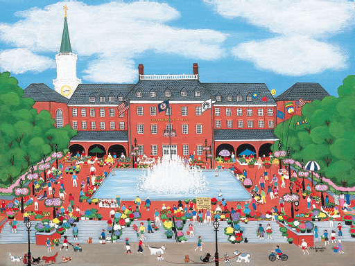 A painting of Patricia Palermino of large brick building with a fountain pool in front and people steps on the steps surrounding the building.