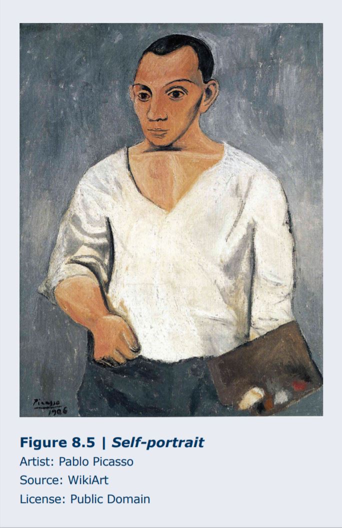 Pablo Picasso self portrait holding a painter palette, wearing a white v neck shirt. 