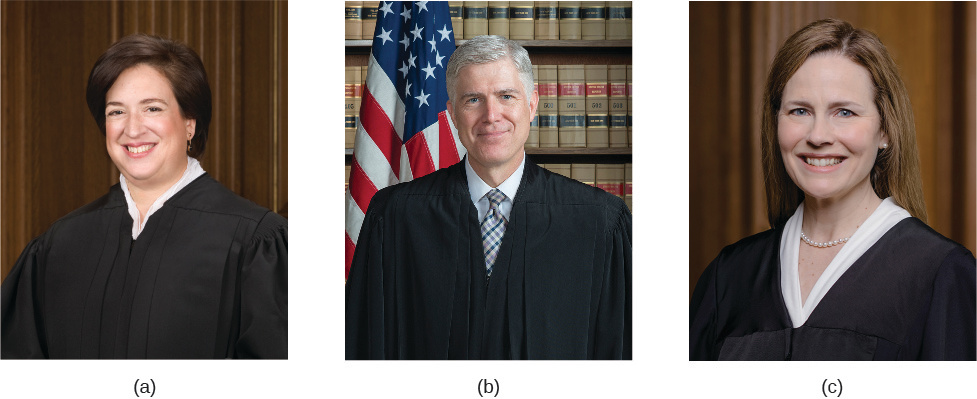 Image A is of Justice Elena Kagan. Image B is of Justice Neil Gorsuch. Image C is of Justice Amy Coney Barrett.