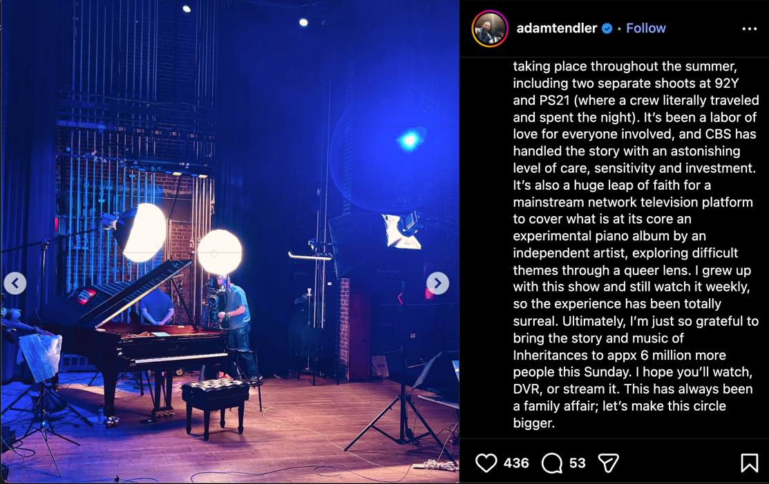 "Tendler instagram post announcing CBS segment"