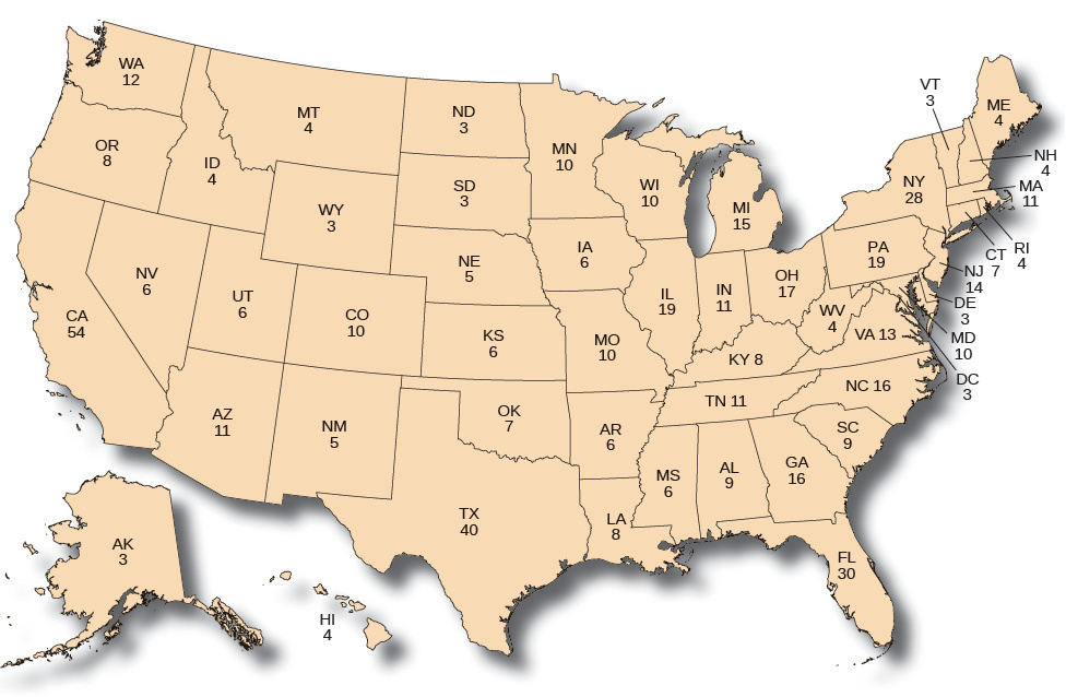 A map of the United States showing the number of Electoral College votes granted to each state. In alphabetical order, Alabama has 9, Alaska has 3, Arizona has 11, Arkansas has 6, California has 55, Colorado has 9, Connecticut has 7, Delaware has 3, Washington DC has 3, Florida has 29, Georgia has 16, Hawaii has 4, Idaho has 4, Illinois has 20, Indiana has 11, Iowa has 6, Kansas has 6, Kentucky has 8, Louisiana has 8, Maine has 4, Maryland has 10, Massachusetts has 11, Michigan has 16, Minnesota has 10, Mississippi has 6, Missouri has 10, Montana has 3, Nebraska has 5, Nevada has 6, New Hampshire has 4, New Jersey has 14, New Mexico has 5, New York has 29, North Carolina has 15, North Dakota has 3, Ohio has 18, Oklahoma has 7, Oregon has 7, Pennsylvania has 20, Rhode Island has 4, South Carolina has 9, South Dakota has 3, Tennessee has 11, Texas has 38, Utah has 6, Vermont has 3, Virginia has 13, Washington has 12, West Virginia has 5, Wisconsin has 10, and Wyoming has 3.