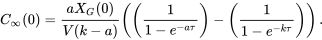 \begin{equation} C_{\infty}(0)=\frac{aX_G(0)}{V(k-a)}\left(\left(\frac{1}{1-e^{-a\tau}}\right)-\left(\frac{1}{1-e^{-k\tau}}\right)\right). \end{equation}