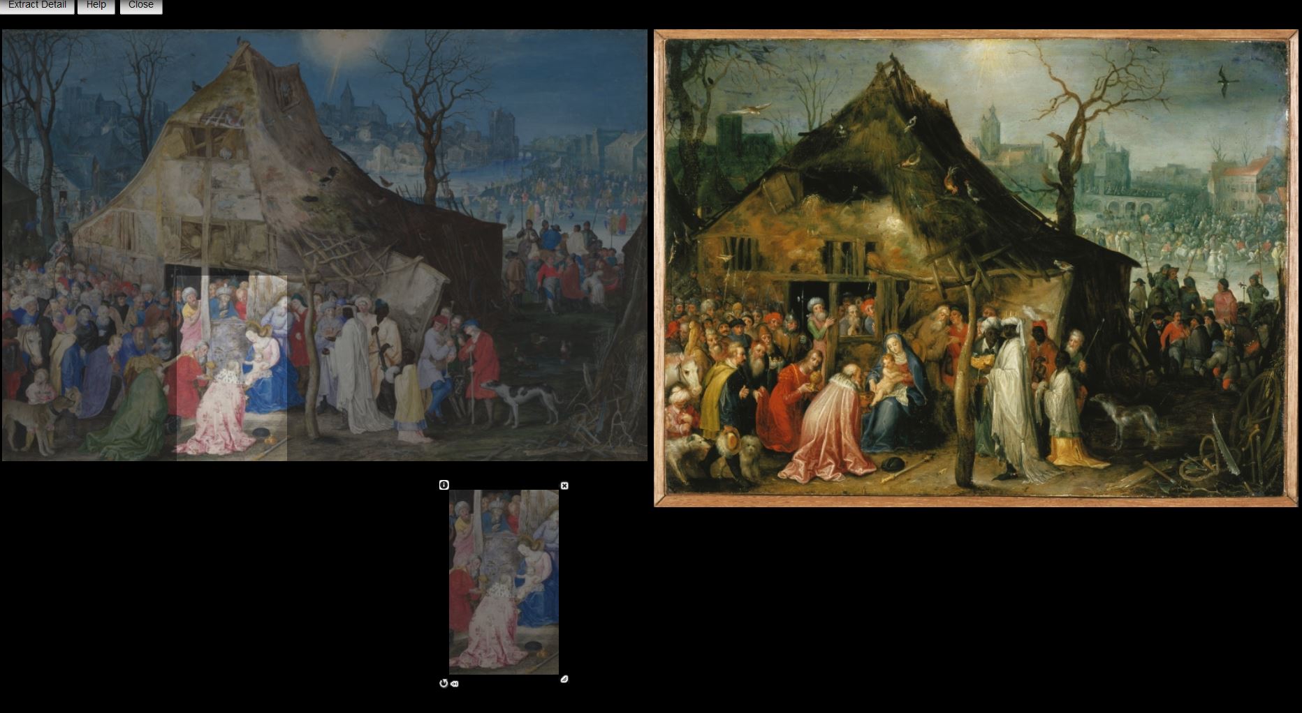 Illustration of the Image Investigation Tool, showing two paintings by Jan Brueghel with a detail cropped from one and made into a transparency.