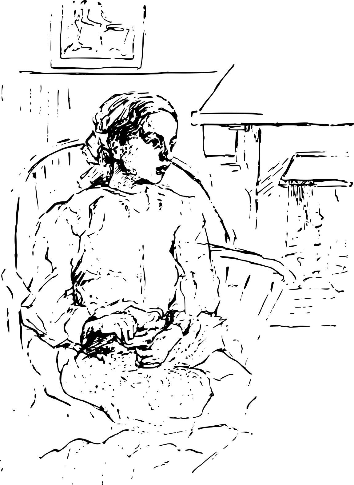 An illustration of a woman sitting in a chair.