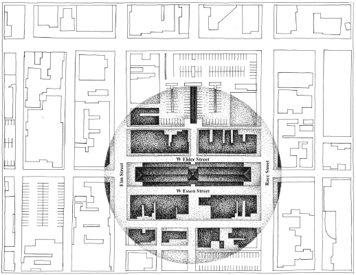 Diagram showing 500-foot radius of Market District. A circle highlights the actual market.
