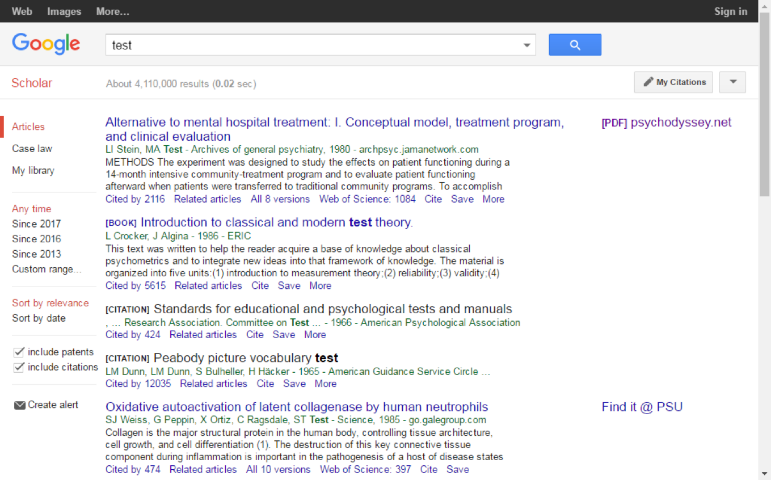 Screenshot from google scholar search