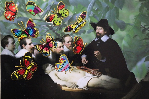Rembrandt's The Anatomy Lesson of Dr. Nicolaes Tulp set in a forest. Butterflies come out of patient’s incision.