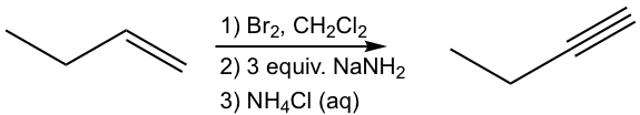 1) Br2, CH2Cl2, 2) 3 equiv. NaNH2, 3) NH4Cl (aq)