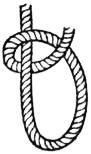 A black-and-white drawing of a half hitch knot, showing a loop of rope wrapped once around a vertical line with the working end tucked under.