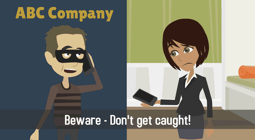 Jane Career is on the phone with someone who looks like a robber. The Caption states, " Beware-Don't get caught!"