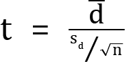 <mml:math xmlns:mml="http://www.w3.org/1998/Math/MathML" xmlns:m="http://schemas.openxmlformats.org/officeDocument/2006/math" display="block"><mml:mi mathvariant="normal">t</mml:mi><mml:mo>=</mml:mo><mml:mfrac><mml:mrow><mml:mover accent="true"><mml:mrow><mml:mi mathvariant="normal">d</mml:mi></mml:mrow><mml:mo>-</mml:mo></mml:mover></mml:mrow><mml:mrow><mml:mfrac bevelled="true"><mml:mrow><mml:msub><mml:mrow><mml:mi mathvariant="normal">s</mml:mi></mml:mrow><mml:mrow><mml:mi mathvariant="normal">d</mml:mi></mml:mrow></mml:msub></mml:mrow><mml:mrow><mml:msqrt><mml:mi mathvariant="normal">n</mml:mi></mml:msqrt></mml:mrow></mml:mfrac></mml:mrow></mml:mfrac></mml:math>