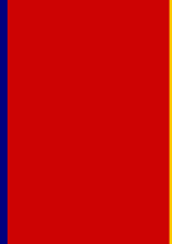 Minimalist artwork by Barnett Newman. Red canvas with one single blue stripe down the left side. 