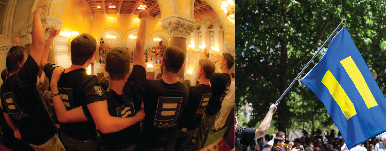 Image on the left is of the back of a group of people. The symbol of an equals sign can be seen on the back of several shirts. Image on the right is of a flag. On the flag is the symbol of an equals sign.
