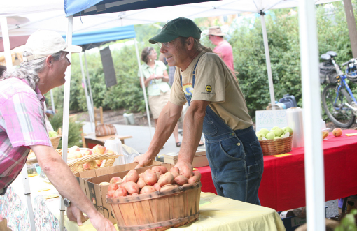 A patron conversing with farmer Dennis Dove over baskets of produce.
