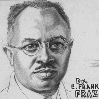 A black and white, hand-drawn portrait of E. Franklin Frazier. He is wearing a suit and tie with round glasses on his face. He looks light-hearted and inquisitive in the portrait. Drawn by Charles Alson in 1943.