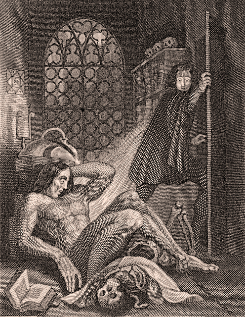  sepia toned drawing of two men, one wearing a hat and cloak, opening a door, the other is naked man sitting on the floor of a room with a stained glass window, shelves containing books, and is surrounded on the floor by a skull, piece of fabric and pieces of a skeleton. 