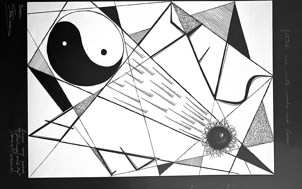 Art with sharp lines, Yin and Yang, and energy ball by Godelieve Simons and poem "Otherness and Me" by James A. Emanuel.