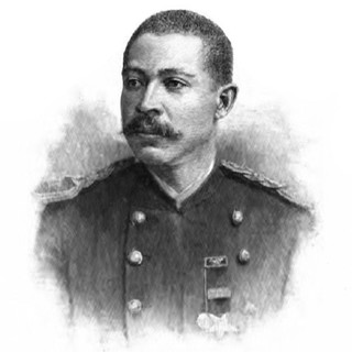 A pencil-drawn portrait of George W. Williams wearing a military uniform. It looks like his uniform is adorned with medals and other commemorative objects. He has a well-manicured moustache and a close-cut hair-style. He is looking off to the left and looks very serious and intense. Photo Credit: Harper & Brothers, 1888. Source: commons.wikimedia.org