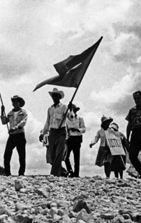 Farmworkers marching and carrying flags