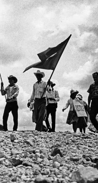 Farm workers marching while carrying signs and flags