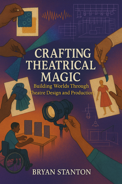 Cover of the book Crafting Theatrical Magic: Building Worlds Through Theatre Design and Production by Bryan Stanton. Illustrations show diverse hands engaging in theatre design tasks: holding fabric swatches, painting a costume sketch, and shining a stage light. A student in a wheelchair works at a drafting table. Faint technical drawings of lights and set pieces appear in the background. The overall color palette blends deep purples, blues, and warm golden tones, evoking creativity, collaboration, and theatrical artistry.