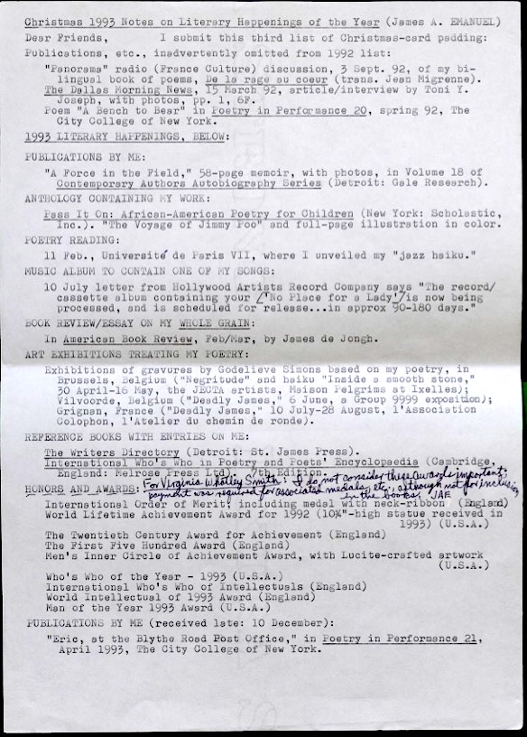 James Emanuel’s 1993 annual ‘Notes on Literary Happenings of the Year.’ He included these ‘Notes’ of his literary engagements in his Christmas Cards between 1991 and 2006.