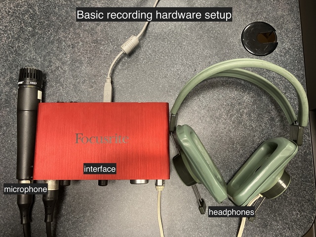 Basic Recording Setup including a microphones, a pair of headphones and an interface connected to a computer