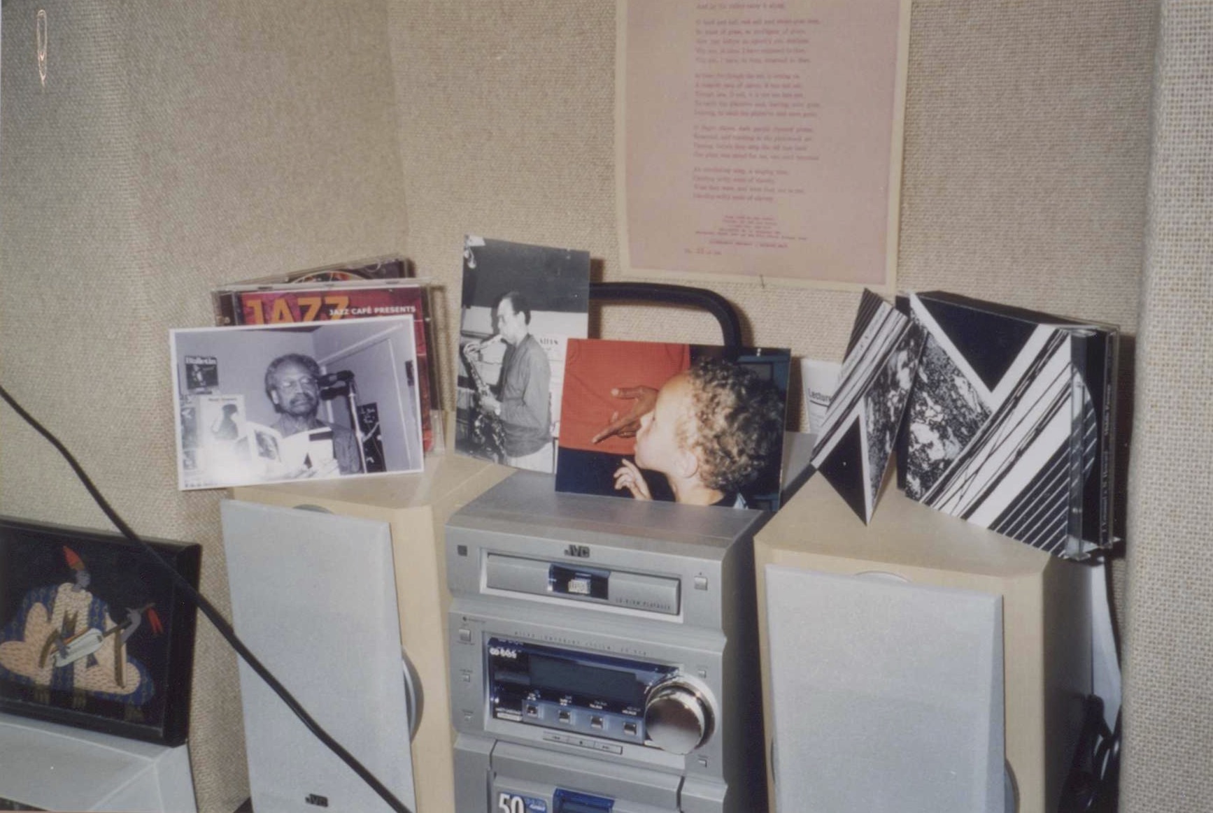 3 photos taken by Godelieve during the recording of my CD Middle Passage in Noah Howard's recording studio in Teruven, Belgium; me reading, Noah on sax, technician Rene's son near Rene's fingers, and her cover art for the CD. Behind all, on my wall, is Broadside Press's poster poem #15, Jean Toomer's 'Song of the Son'. JAE 25.04.2007 in Paris.