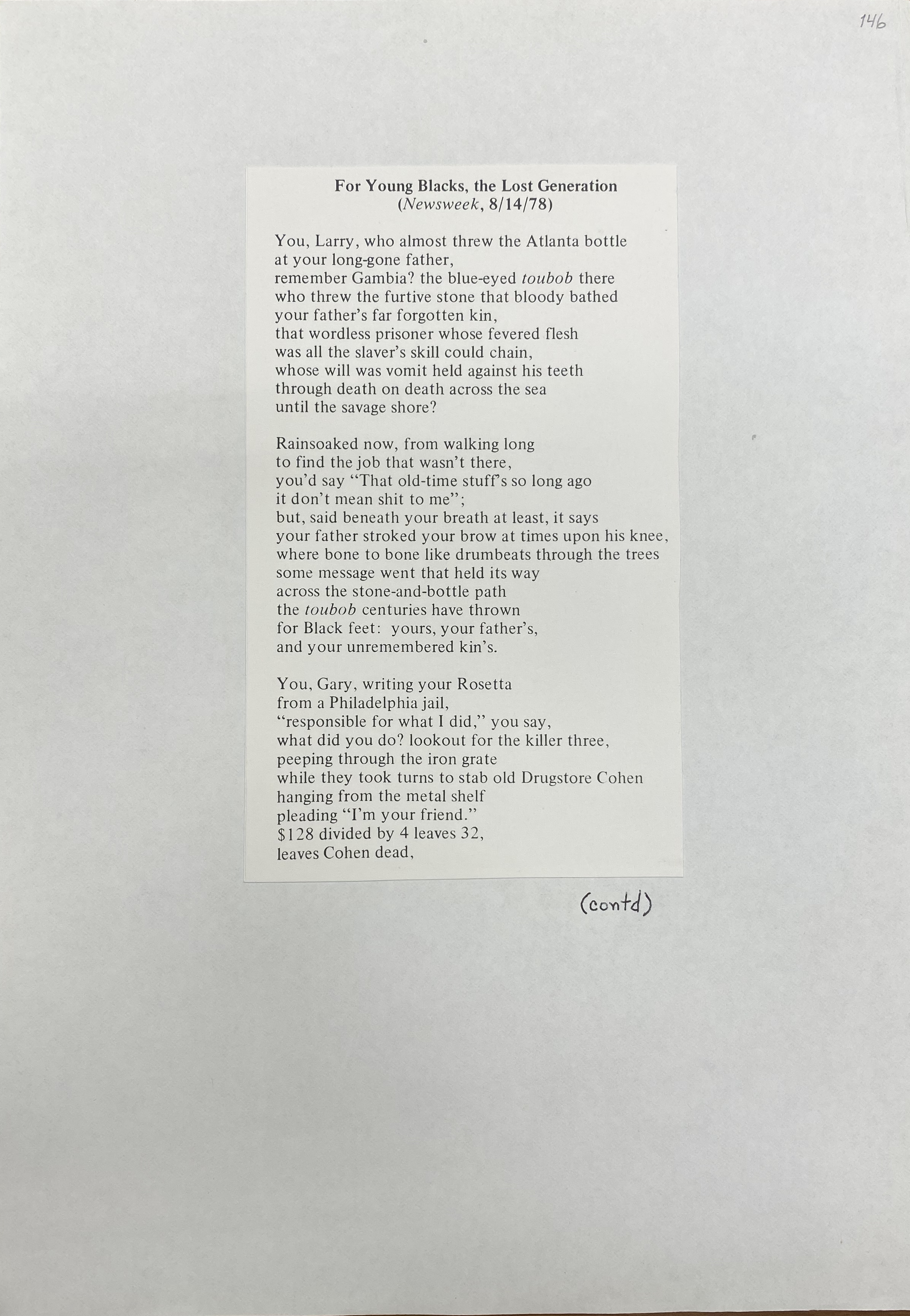 Final Draft Poem written by Emanuel in 1978 captures feelings of disillusionment among elders regarding the prospects for Black teenagers due to industrialization and technological advancement. Page 1.