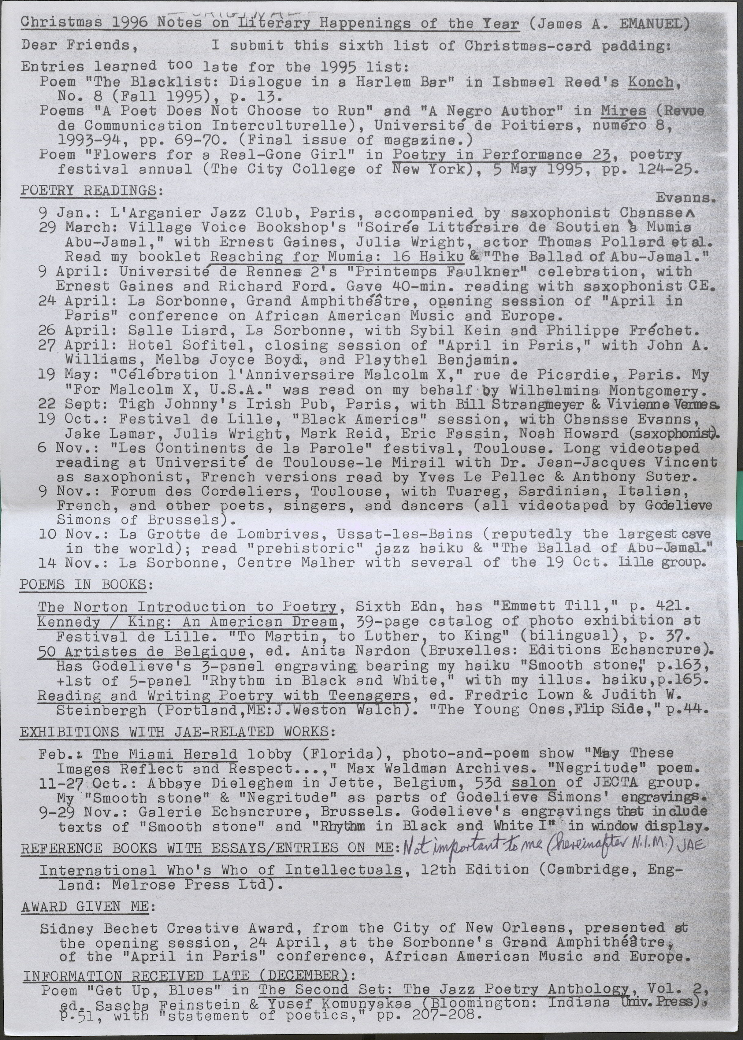 James Emanuel's 1996 annual 'Notes on Literary Happenings of the Year.' He included these 'Notes' of his literary engagements in his Christmas Cards between 1991 and 2006.