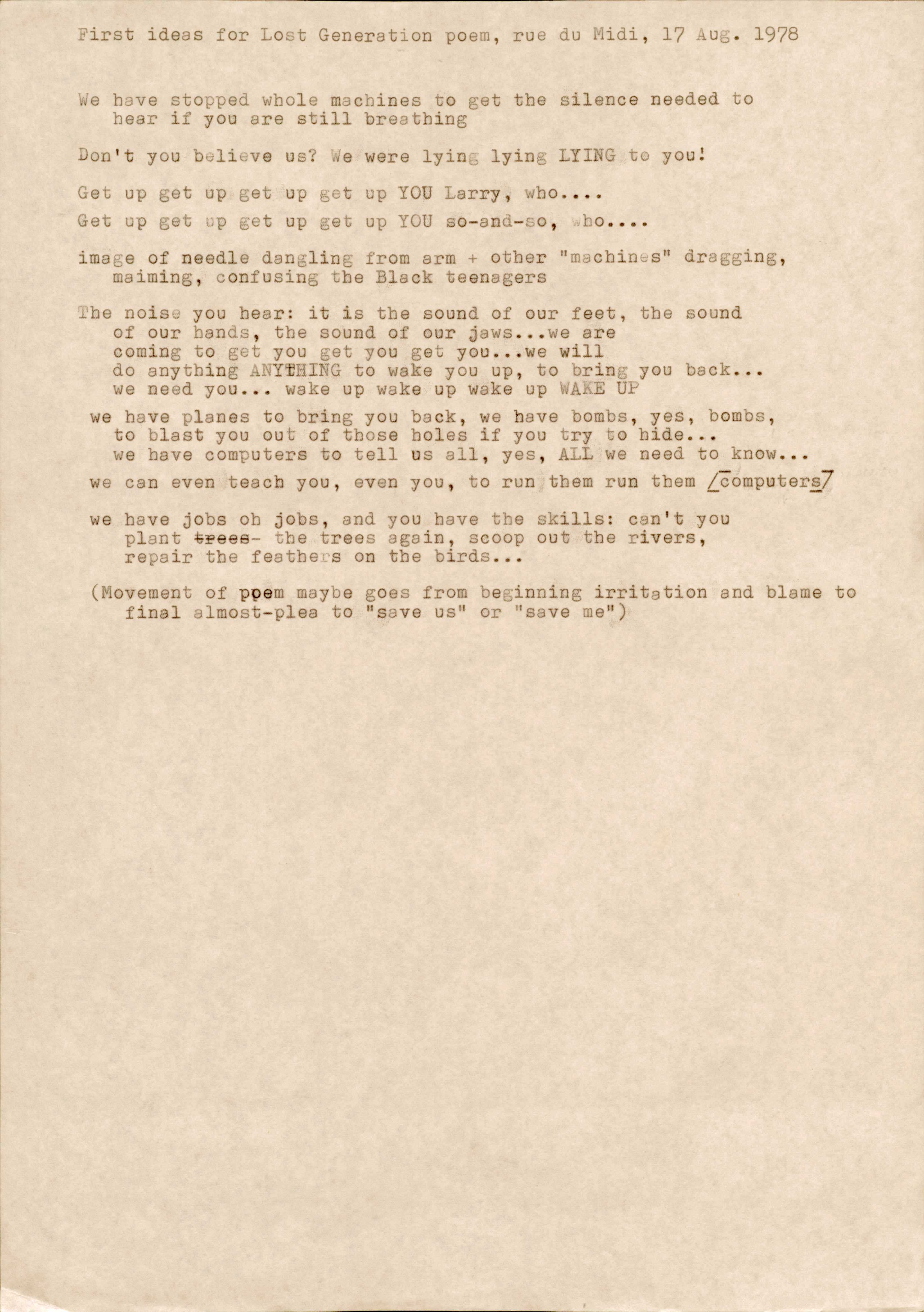 Draft Poem written by Emanuel in 1978 which captures feelings of disillusionment among Black teenagers due to industrialization and technological advancement.