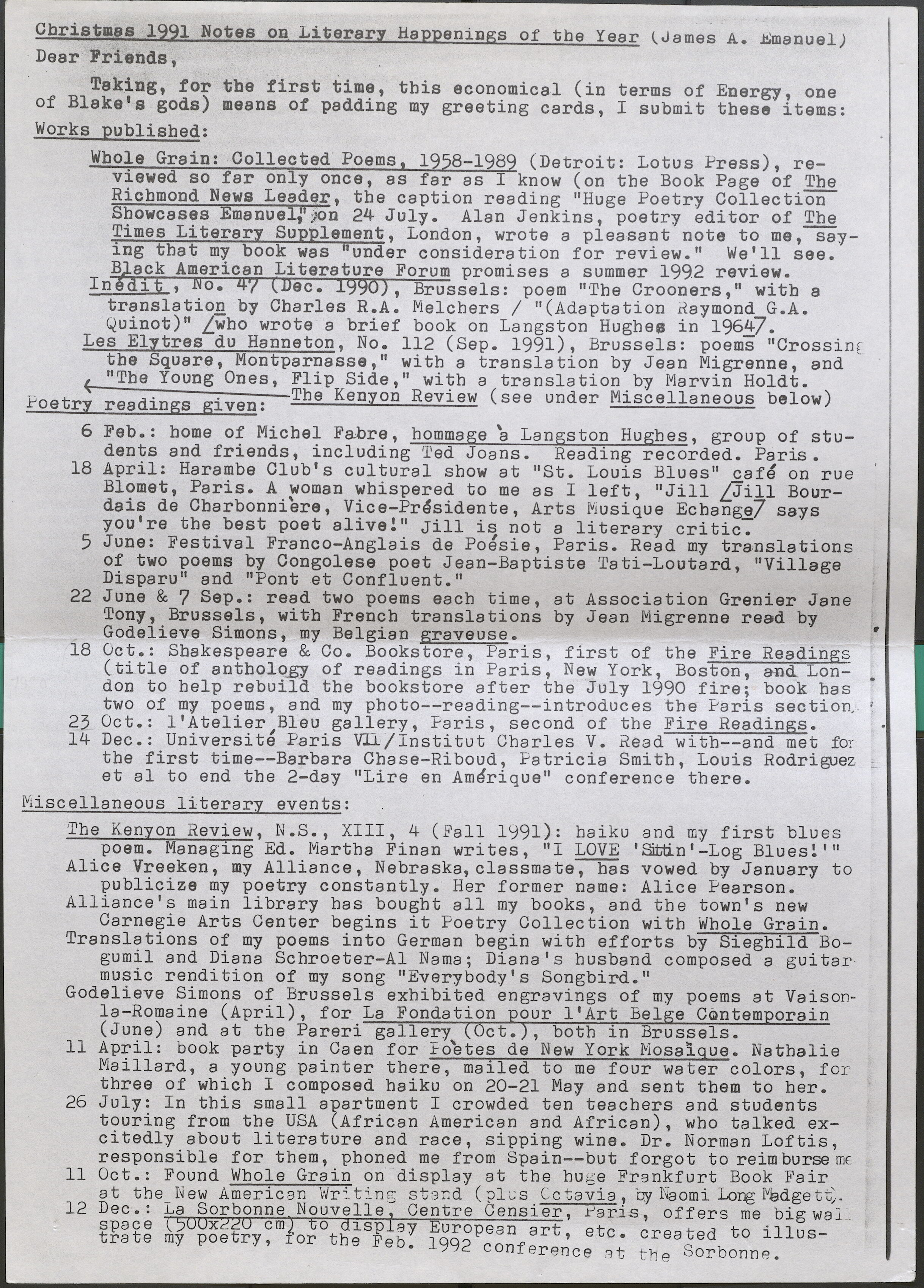 James Emanuel's 1991 annual 'Notes on Literary Happenings of the Year.' He included these 'Notes' of his literary engagements in his Christmas Cards between 1991 and 2006.