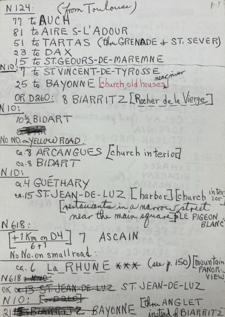 N124: (from Toulouse)
77 to AUCH
81 to AIRE S-L’ADOUR
51 to TARTAS (thru GRENADE & ST. SEVER)
23 to DAX
15 to ST. GEOURS-DE-MAREMNE
_____________________________________________________________
N10:
7 to ST. VINCENT-TE-TYROSSE
25 to BAYONNE [church, old houses, near river]
OR D260: 8 BIARRITZ [Rocher de le Vierge]
N10:
10½ BIDART
ca.8 AR
NO NO. on YELLOW ROAD: 
ca.8 ARCANGUES [church interior]
ca. BIDART
N10:
ca.4 GUĒTHARY
ca. 15 ST. JEAN-DE-LUZ [harbor] [church interior]
 [restaurants in a narrow street
 Near the main square] “LE PIGEON BLANC”
N618: 
[+ 1Km on D4] 7 ASCAIN
 6 + 1
No No. on small road: 
ca. 6 L a R H U N E *** (see p.150) [mountain PANOR VIEW]
N618& N10:
OK ca.13 ST. JEAN-DE-LUZ ST. JEAN-DE-LUZ
N10: [OR d260]
21 15: BIARRITZ  BAYONNE [thru ANGLET 
     instead of BIARRITZ]
