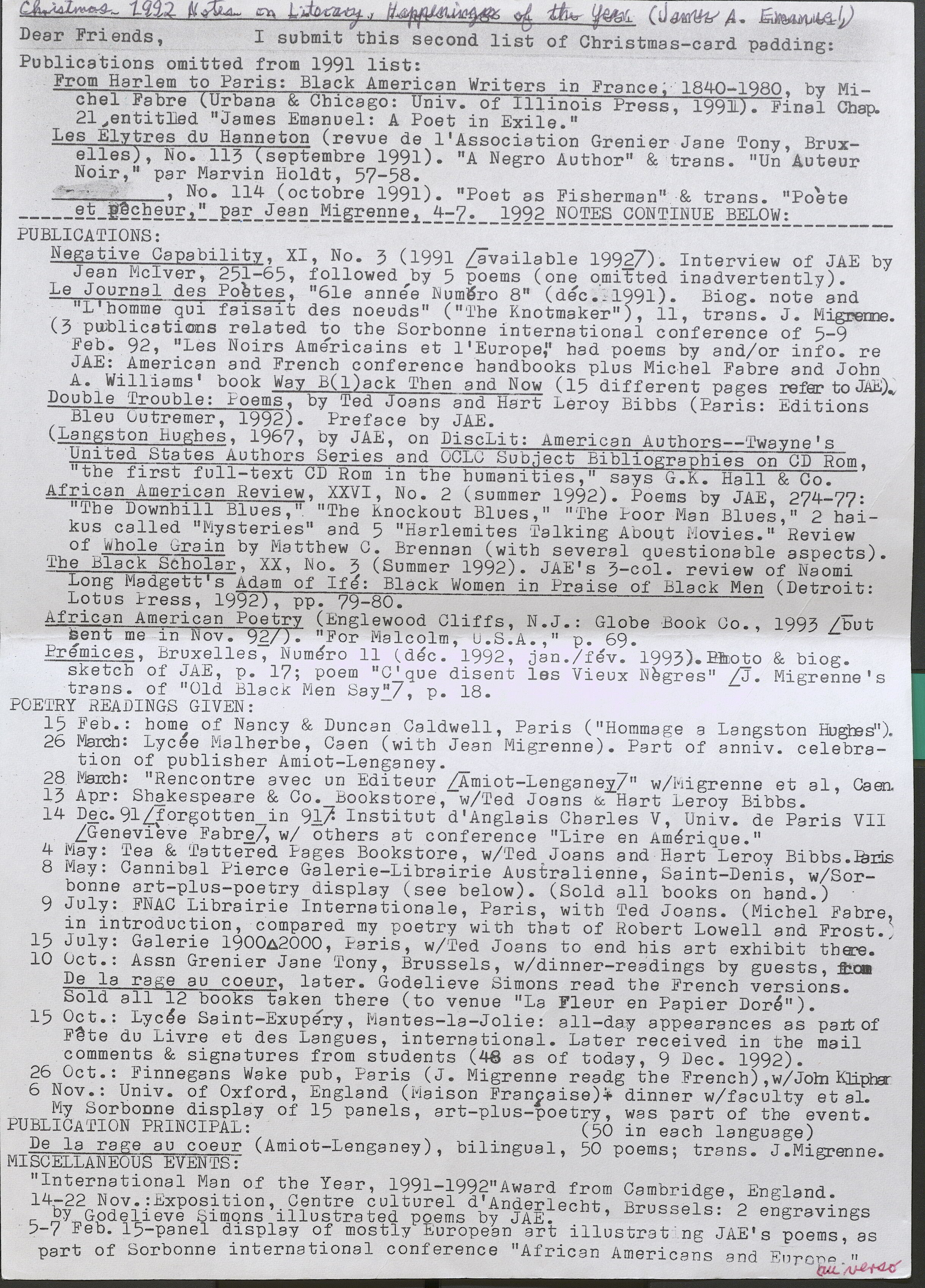 James Emanuel's 1992 annual 'Notes on Literary Happenings of the Year.' He included these 'Notes' of his literary engagements in his Christmas Cards between 1991 and 2006.