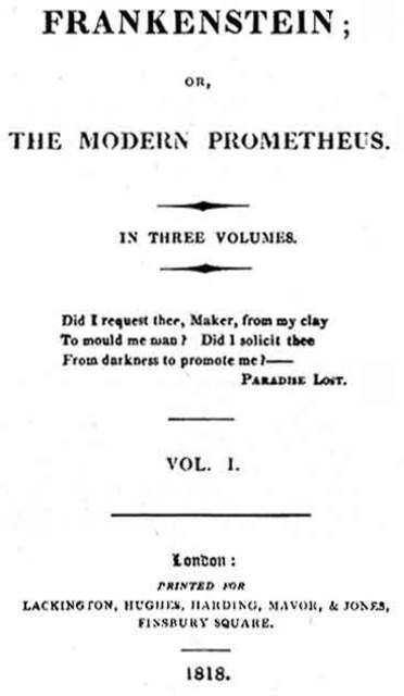 Cover page from the 1818 edition of Frankenstein by Mary Shelley noting the publication title, author, publisher, and date of publication and place.