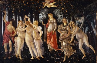 Sonnets For Spring By Sandro Botticelli depicts the goddess Flora and her younger counterpart, Chloris, as the younger of the two is being abducted by Zephyrus, as well as the goddess Venus, the Three Graces, and the God Mercury. Above them all, Cupid and his arrow preside.