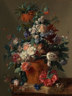 Jan van Huysum's painting of a bouquet of flowers from around the year, all of which were painted from life. This method meant that it often took the artist several years to finish a single painting.