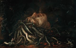 The Head of Medusa, formerly attributed to Leonardo Da Vinci and later revealed to be of the Flemish School of Art. This depiction shows a writhing mass of the snakes the Medusa has instead of hair in various states of anguish. The Medusa is newly slain, and only her severed head is visible in the painting.