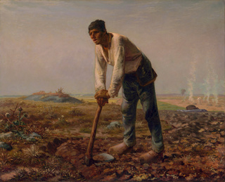 The Man with the Hoe, by Edwin Markham, depicts a man leaning over a hoe in a field that will need to be cultivated. He is wearing a stained white work shirt and overalls that appear to have been pushed down slightly due to the heat.