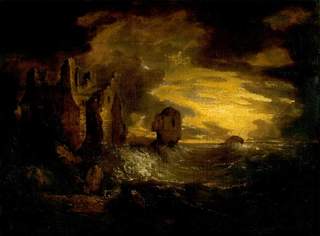 Peele Castle, as painted during a storm in Cumbria by George Howland Beaumont. It depicts a ferocious storm lapping against the cliff face where the castle seems to perch precariously over the open ocean. The colors are deep and dark and the only light is a sickly yellow glow in the distance, which is reflected off the seafoam.