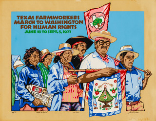 farmworkers carrying bright signs as they march from Texas to Washington DC